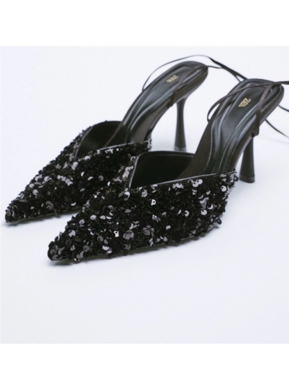 Zara Black Sequin Lace Up Pointed Toe Heeled Slingback Shoes, size 38